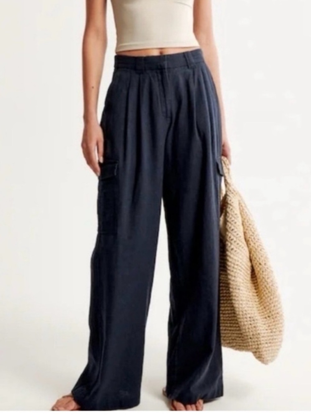 Abercrombie & Fitch Linen Cargo Wide Leg Trousers Navy Blue Size S Long